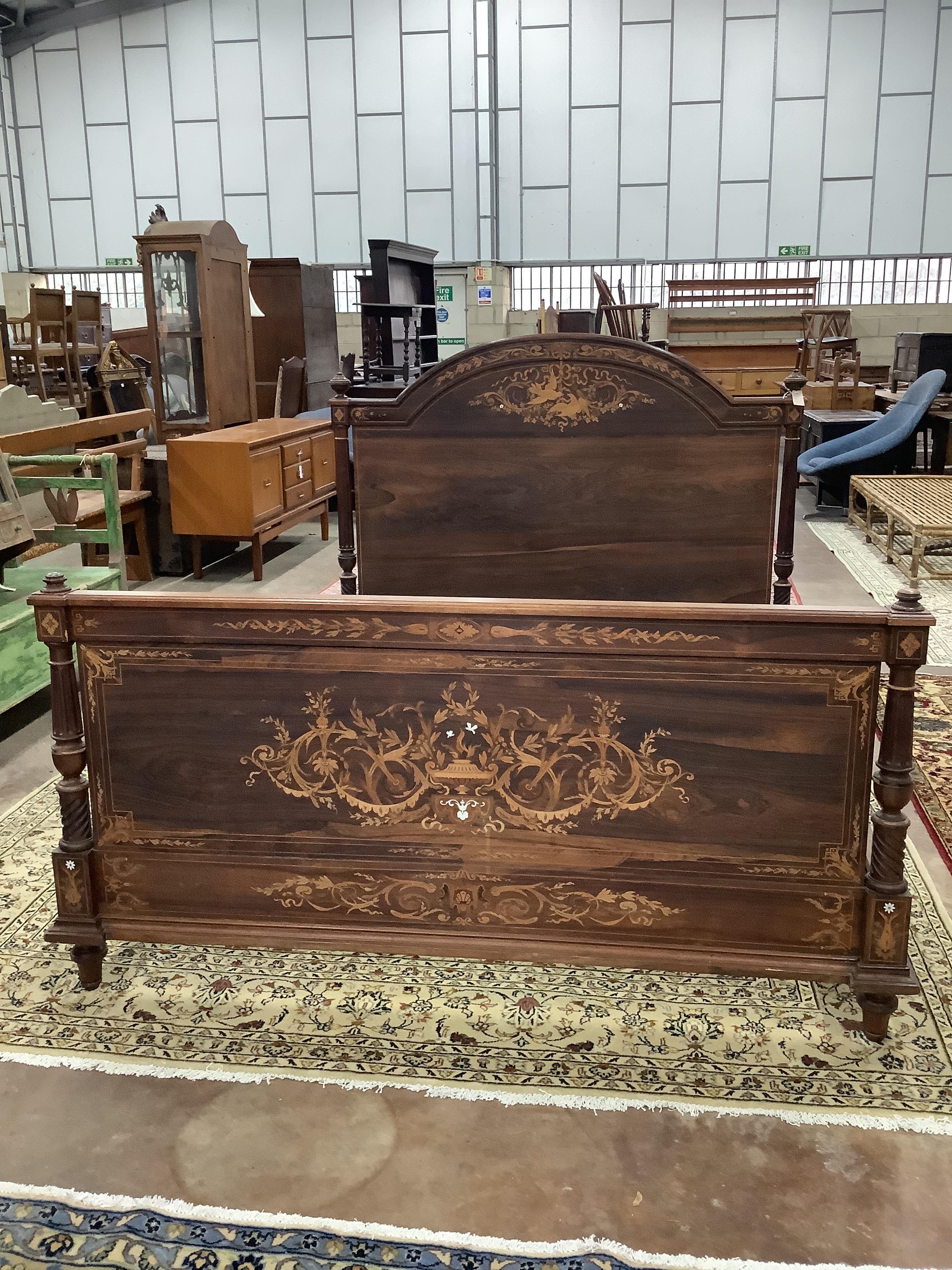 A late 19th century French marquetry inlaid rosewood bed frame, width 160cm, length 210cm, height 130cm
